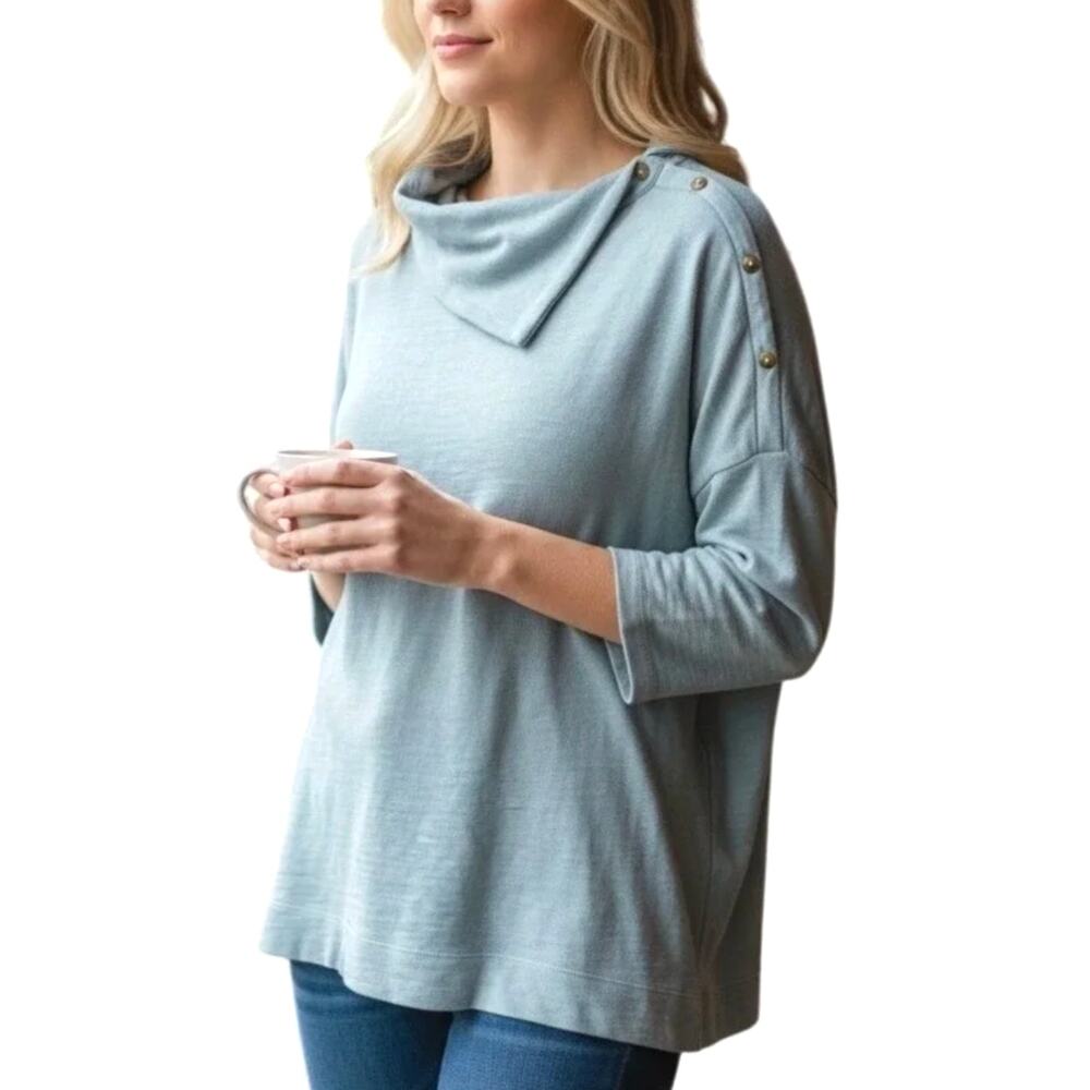 J.Jill Purejill Cotton Sweatshirt Cowl Neck Light Mist Blue Button Shoulder 2X